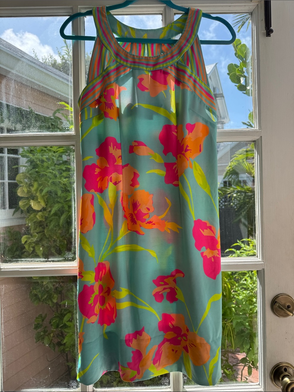 Gretchen Scott Designs Turquoise Dress with Neon Pink, Orange & Lime Stripes
